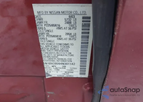 2004 Nissan Quest 3.5 Sl z USA, uszkodzony, nr VIN 5N1BV28U94N301142